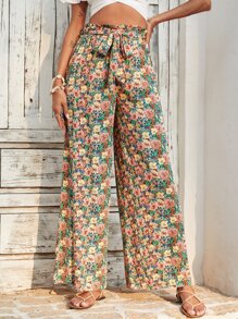 SHEIN Unity 滿版印花腰帶闊腿褲