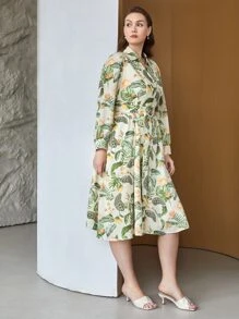 MOTF PREMIUM Vestidos Tallas Grandes Cinta Botón delantero Floral Tropical Elegante - Multicolor - Ver 2
