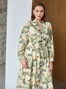 MOTF PREMIUM Vestidos Tallas Grandes Cinta Botón delantero Floral Tropical Elegante - Multicolor - Ver 9