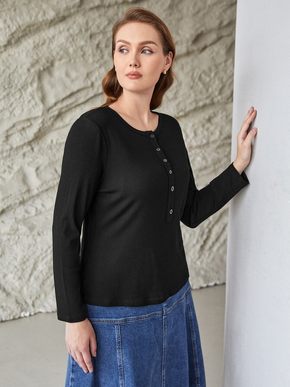 MOTF PLUS HALF PLACKET RIBBED T-SHIRT