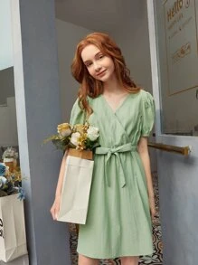 SHEIN 青少年女孩交疊領腰帶泡泡袖連衣裙 - 薄荷綠 - 查看 1