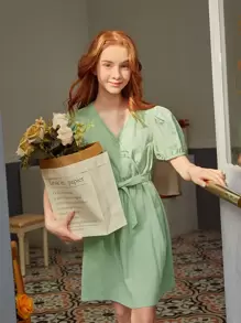 SHEIN 青少年女孩交疊領腰帶泡泡袖連衣裙 - 薄荷綠 - 查看 3