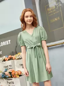 SHEIN 青少年女孩交疊領腰帶泡泡袖連衣裙 - 薄荷綠 - 查看 4