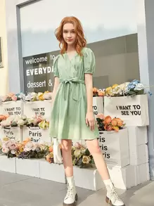 SHEIN 青少年女孩交疊領腰帶泡泡袖連衣裙 - 薄荷綠 - 查看 5