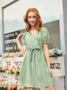 SHEIN 青少年女孩交疊領腰帶泡泡袖連衣裙 - 薄荷綠 - 查看 6