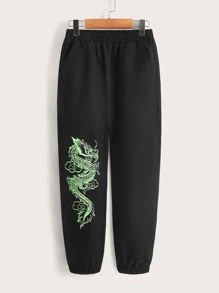 SHEIN Boys Chinese Dragon Print Pants - Black - View 4