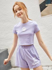 SHEIN 青少年女孩印花T恤和運動短褲套裝