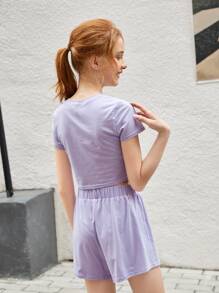 SHEIN 青少年女孩印花T恤和運動短褲套裝