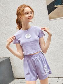 SHEIN 青少年女孩印花T恤和運動短褲套裝