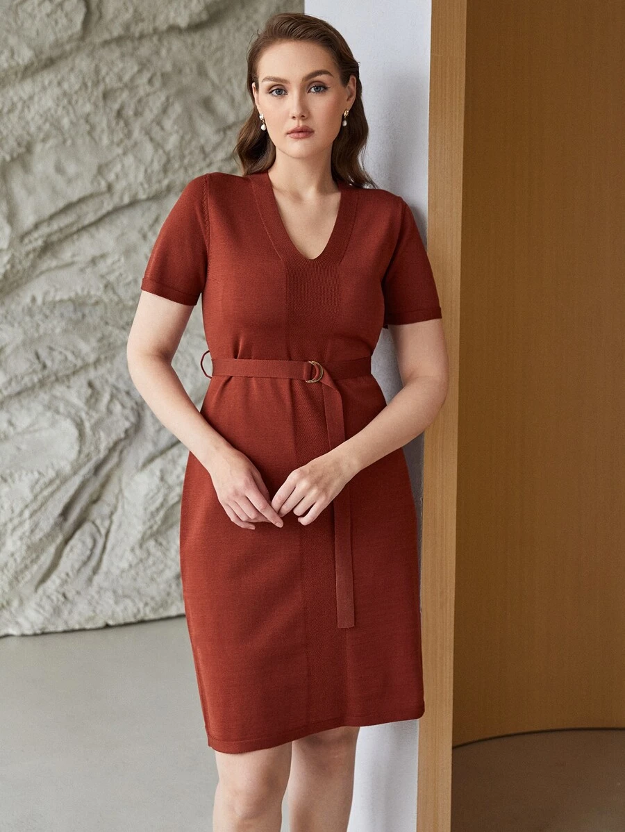 MOTF PREMIUM PLUS VISCOSE BELTED SWEATER DRESS - Rust Brown - View 1