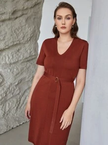 MOTF PREMIUM PLUS VISCOSE BELTED SWEATER DRESS - Rust Brown - View 6