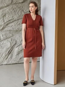 MOTF PREMIUM PLUS VISCOSE BELTED SWEATER DRESS - Rust Brown - View 8