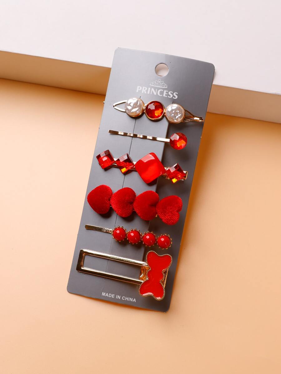 6入組水鑽裝飾髮夾 - 紅色 - 查看 1