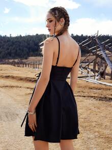 ROMWE Goth Lace Up Contrast Lace Cami Dress - Black - View 2