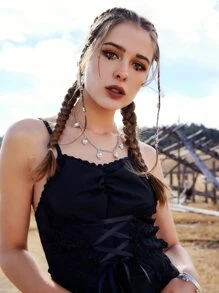 ROMWE Goth Lace Up Contrast Lace Cami Dress - Black - View 3