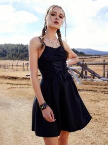 ROMWE Goth Lace Up Contrast Lace Cami Dress - Black - View 5