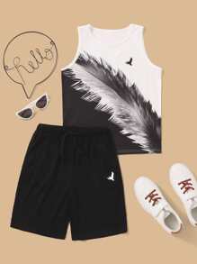 SHEIN Boys Feather & Eagle Print Tank Top & Shorts Set - Black and White - View 1