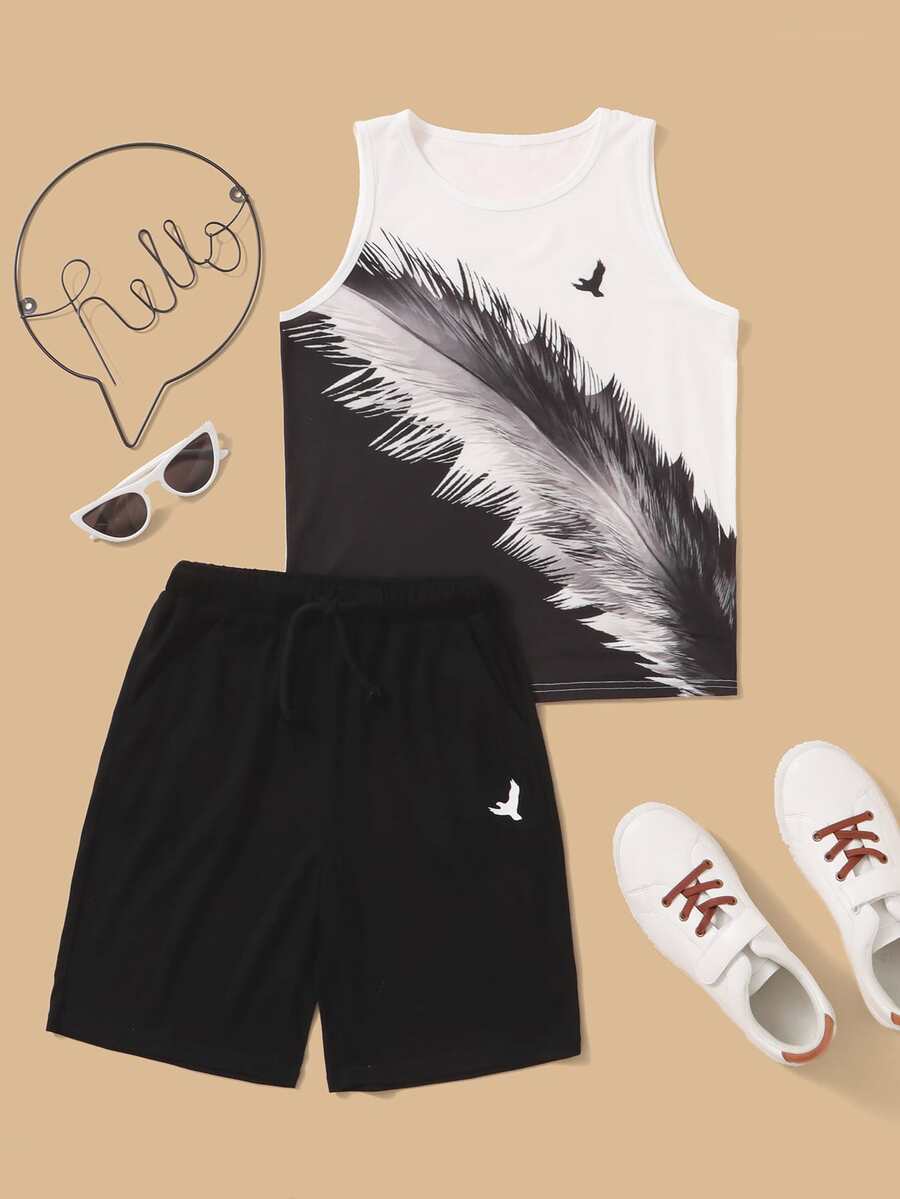 SHEIN Boys Feather & Eagle Print Tank Top & Shorts Set - Black and White - View 1