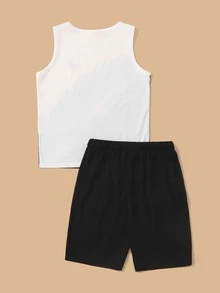 SHEIN Boys Feather & Eagle Print Tank Top & Shorts Set - Black and White - View 2