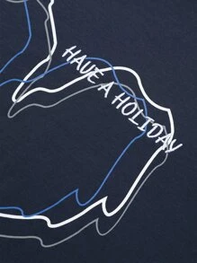 DAZY Slogan Embroidery Heart Print Drop Shoulder Tee - Navy Blue - View 8