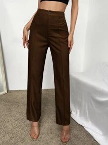 RueChic Pantalones de talle alto con costura con diseño - Café integral - Ver 1
