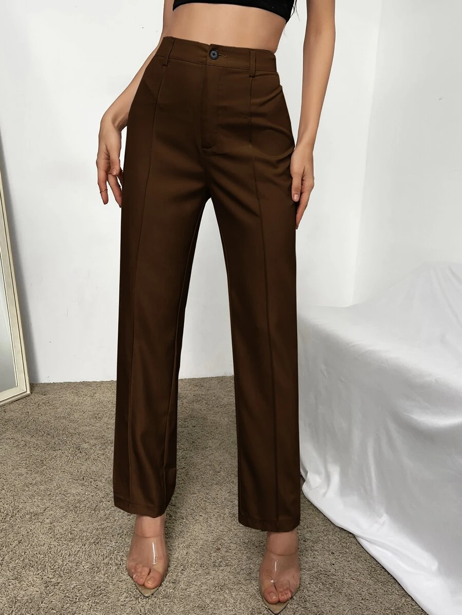 RueChic Pantalones de talle alto con costura con diseño - Café integral - Ver 1