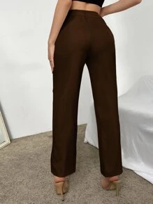 RueChic Pantalones de talle alto con costura con diseño - Café integral - Ver 2