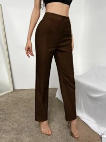 RueChic Pantalones de talle alto con costura con diseño - Café integral - Ver 4