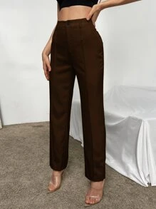 RueChic Pantalones de talle alto con costura con diseño - Café integral - Ver 5