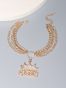 Tropiscape Rhinestone Crown & Letter Charm Anklet Vacay Vibes Vacation Relax Beach Autumn Winter Gifts - Yellow Gold - View 5