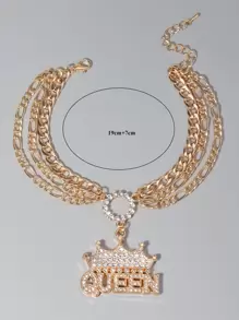 Tropiscape Rhinestone Crown & Letter Charm Anklet Vacay Vibes Vacation Relax Beach Autumn Winter Gifts - Yellow Gold - View 7
