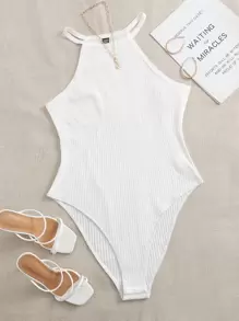 SHEIN Essnce 大碼繞頸領羅紋針織連體衣 - 白色 - 查看 1