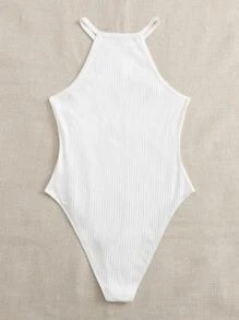 SHEIN Essnce 大碼繞頸領羅紋針織連體衣 - 白色 - 查看 2