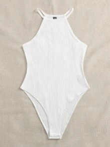 SHEIN Essnce 大碼繞頸領羅紋針織連體衣 - 白色 - 查看 5