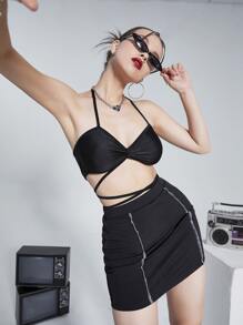 Knot Hem Tie Back Halter Top - Black - View 1