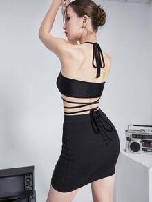 Knot Hem Tie Back Halter Top - Black - View 2