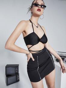 Knot Hem Tie Back Halter Top - Black - View 4