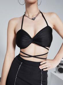 Knot Hem Tie Back Halter Top - Black - View 6