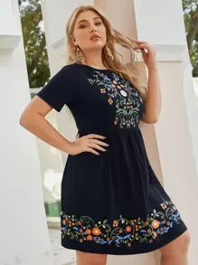 SHEIN 大碼高腰印花洋裝 - 藏蓝色 - 查看 1