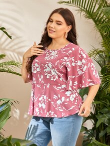 SHEIN Plus Floral Print Ruffle Hem Peplum Top - Multicolor - View 3
