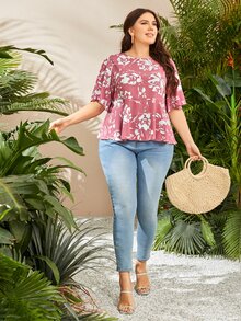 SHEIN Plus Floral Print Ruffle Hem Peplum Top - Multicolor - View 5