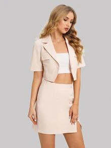 西裝領短版西裝和半身裙 - 杏色 - 查看 5