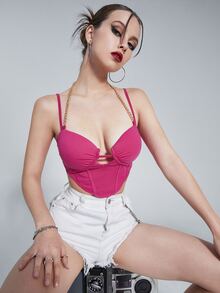 Ruched Bust Backless Hanky Hem Cami Top - Hot Pink - View 3