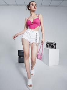 Ruched Bust Backless Hanky Hem Cami Top - Hot Pink - View 4