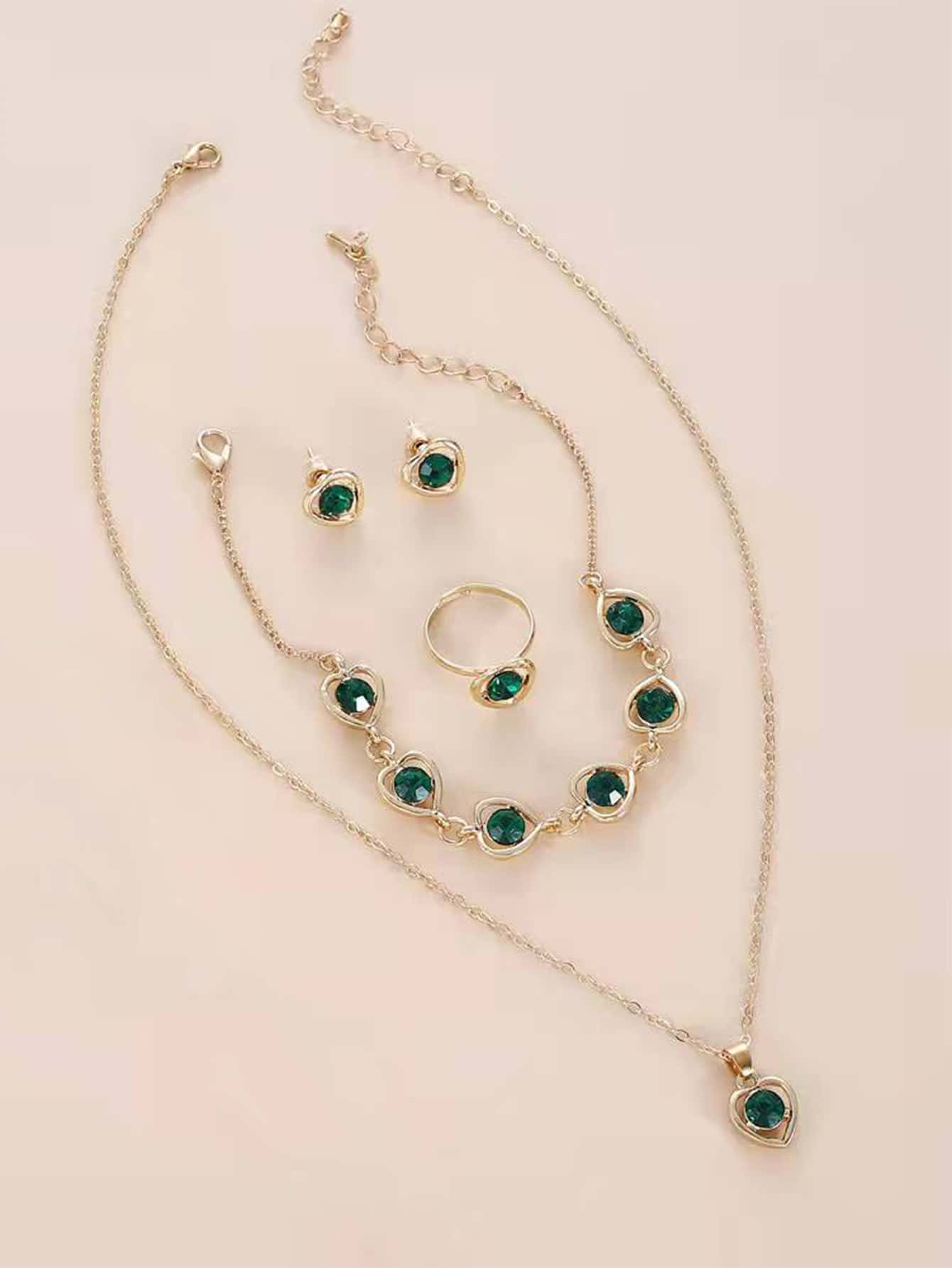 5入組水鑽和愛心裝飾首飾套裝 - 彩色 - 查看 1