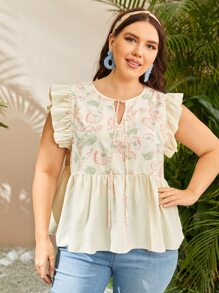 SHEIN Unity Áo sơ mi Plus Size Xù Viên lá sen Thắt nơ trước Hoa Boho - Nhiều màu - Xem 1