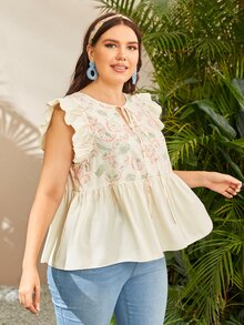 SHEIN Unity Áo sơ mi Plus Size Xù Viên lá sen Thắt nơ trước Hoa Boho - Nhiều màu - Xem 4