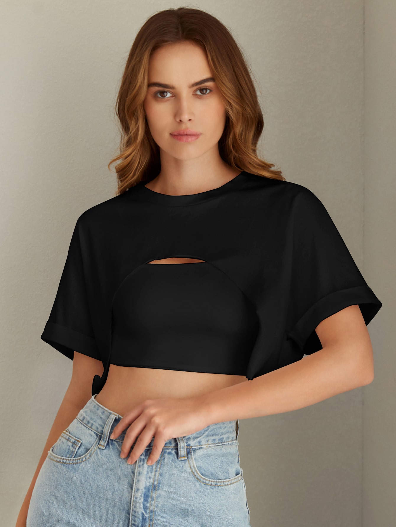 Cuffed sleeve crop top