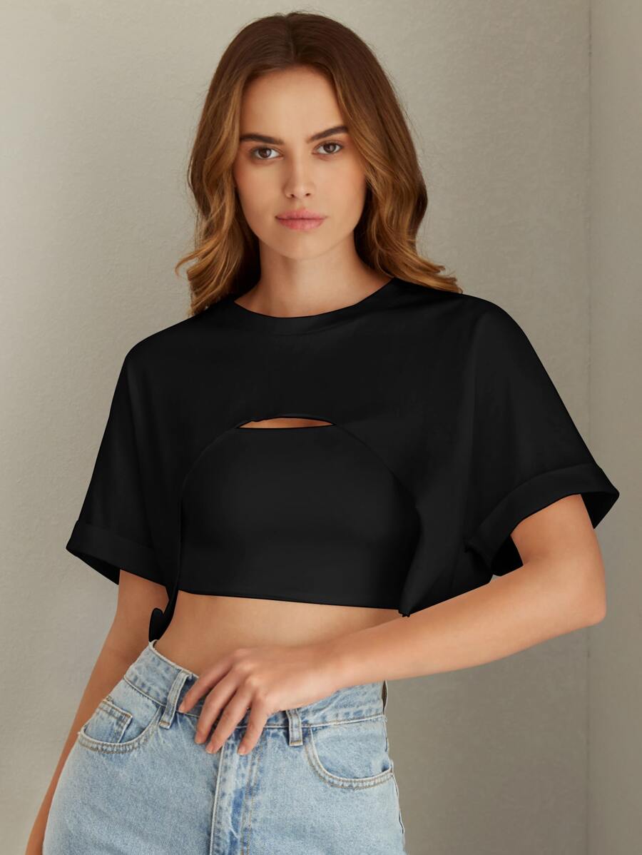Muchica Solid Cuffed Sleeve Super Crop Top Without Cami - Black - View 1