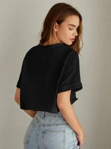 Muchica Solid Cuffed Sleeve Super Crop Top Without Cami - Black - View 2